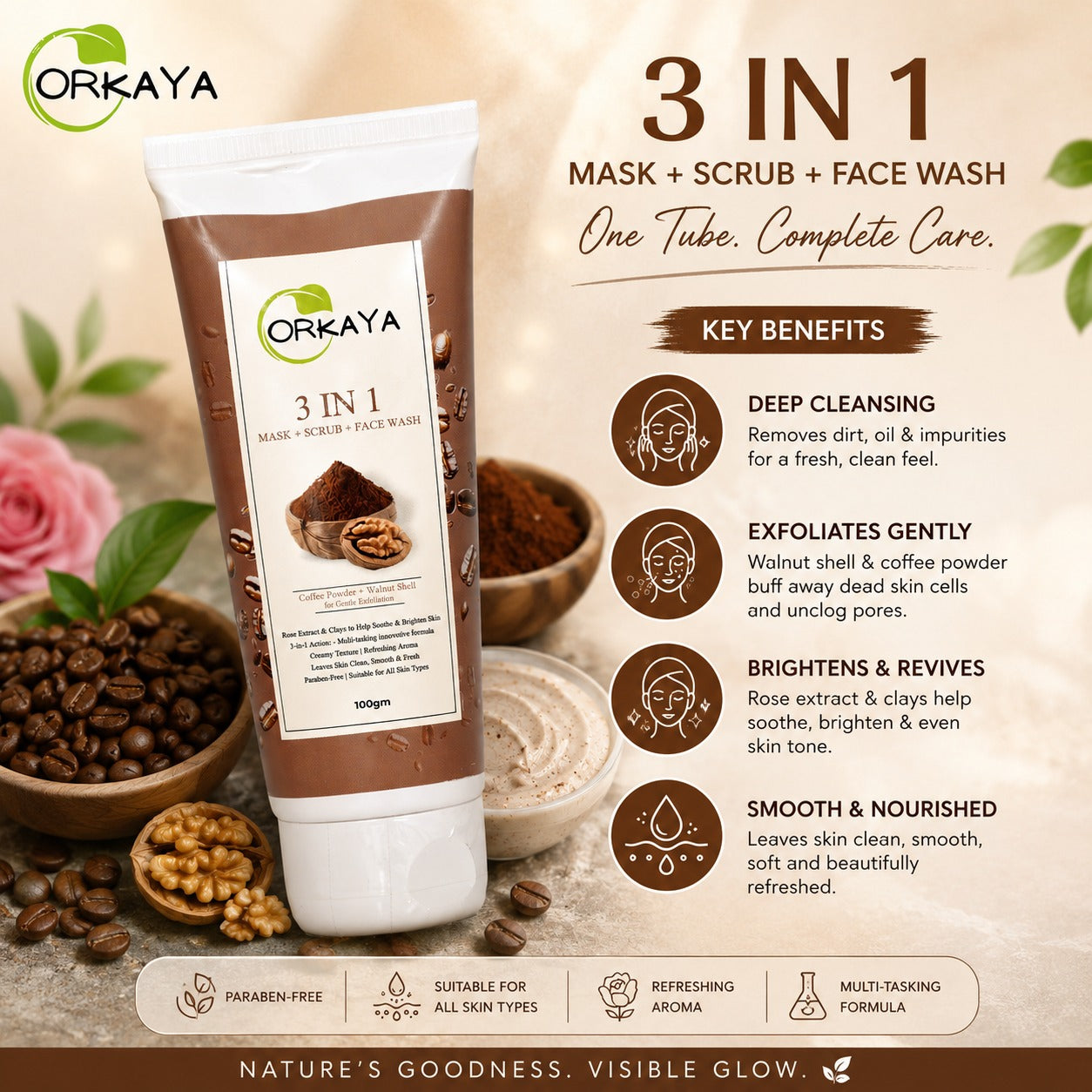 ORKAYA 3-in-1 Coffee & Walnut Face wash