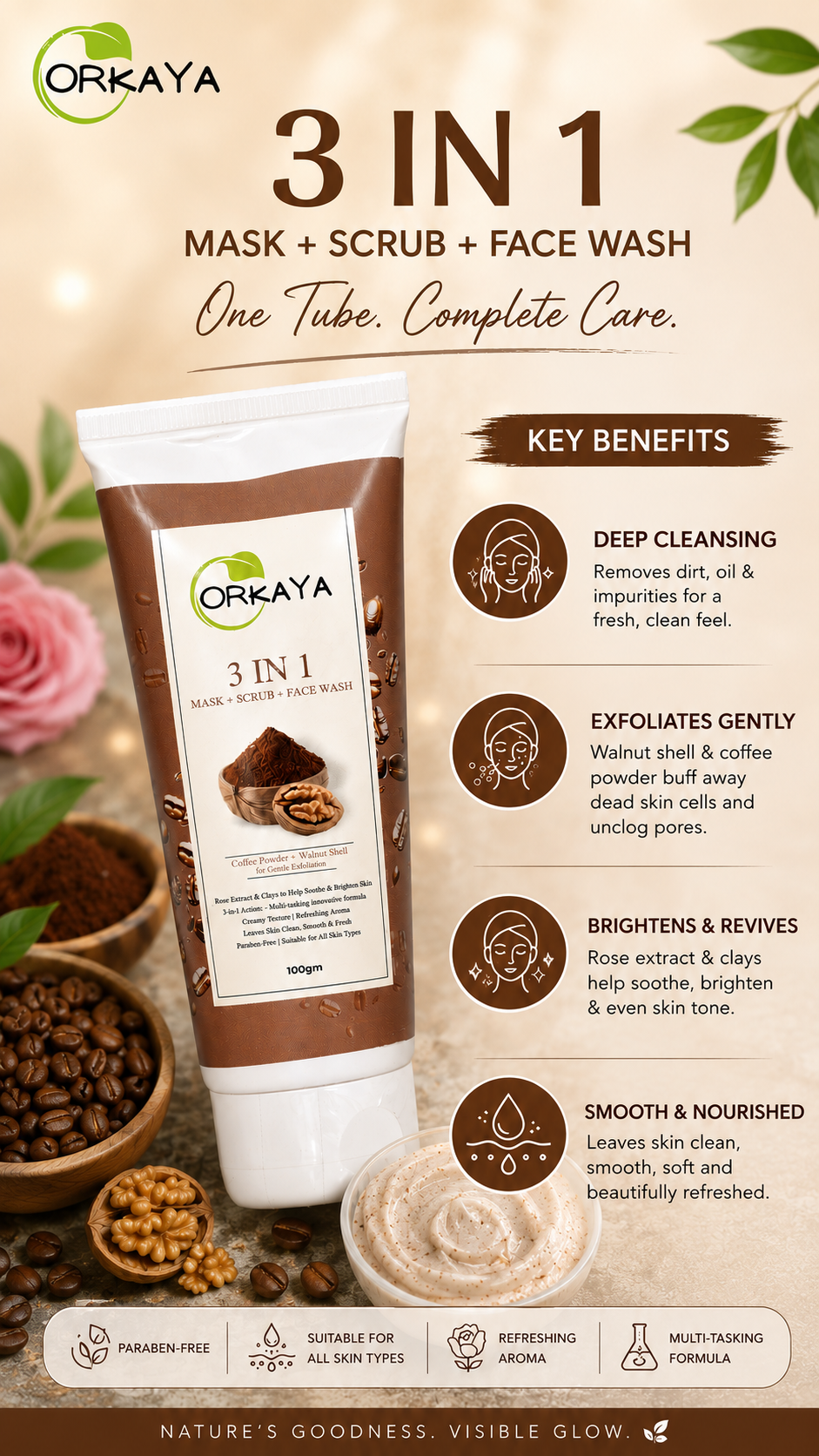 ORKAYA 3-in-1 Coffee & Walnut Face wash