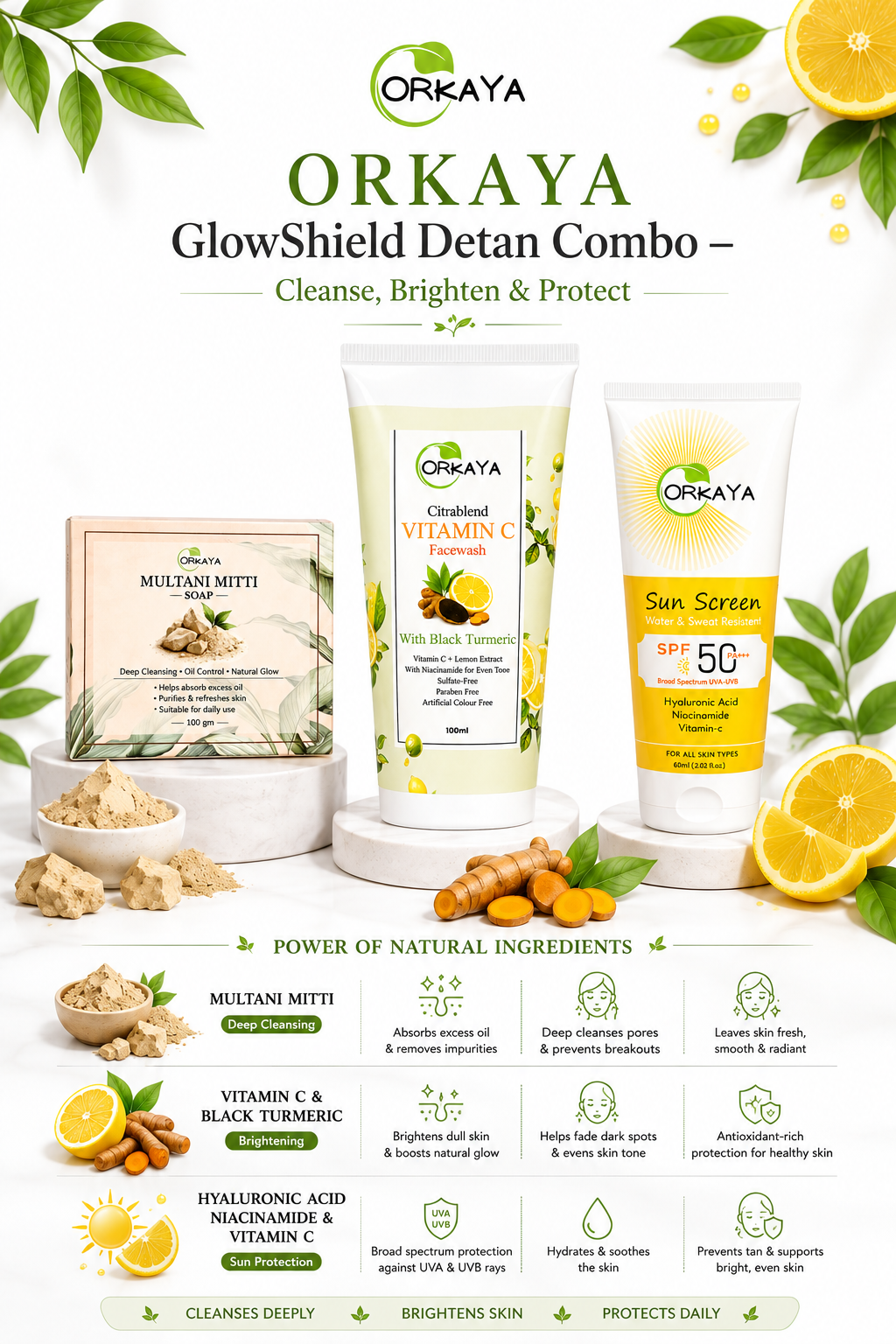 ORKAYA GlowShield Detan Combo – Cleanse, Brighten & Protect