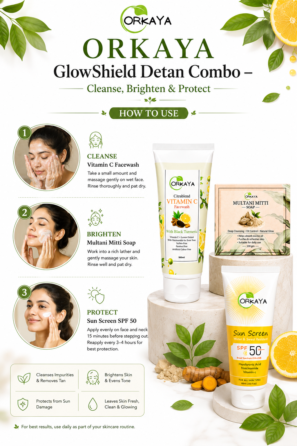 ORKAYA GlowShield Detan Combo – Cleanse, Brighten & Protect