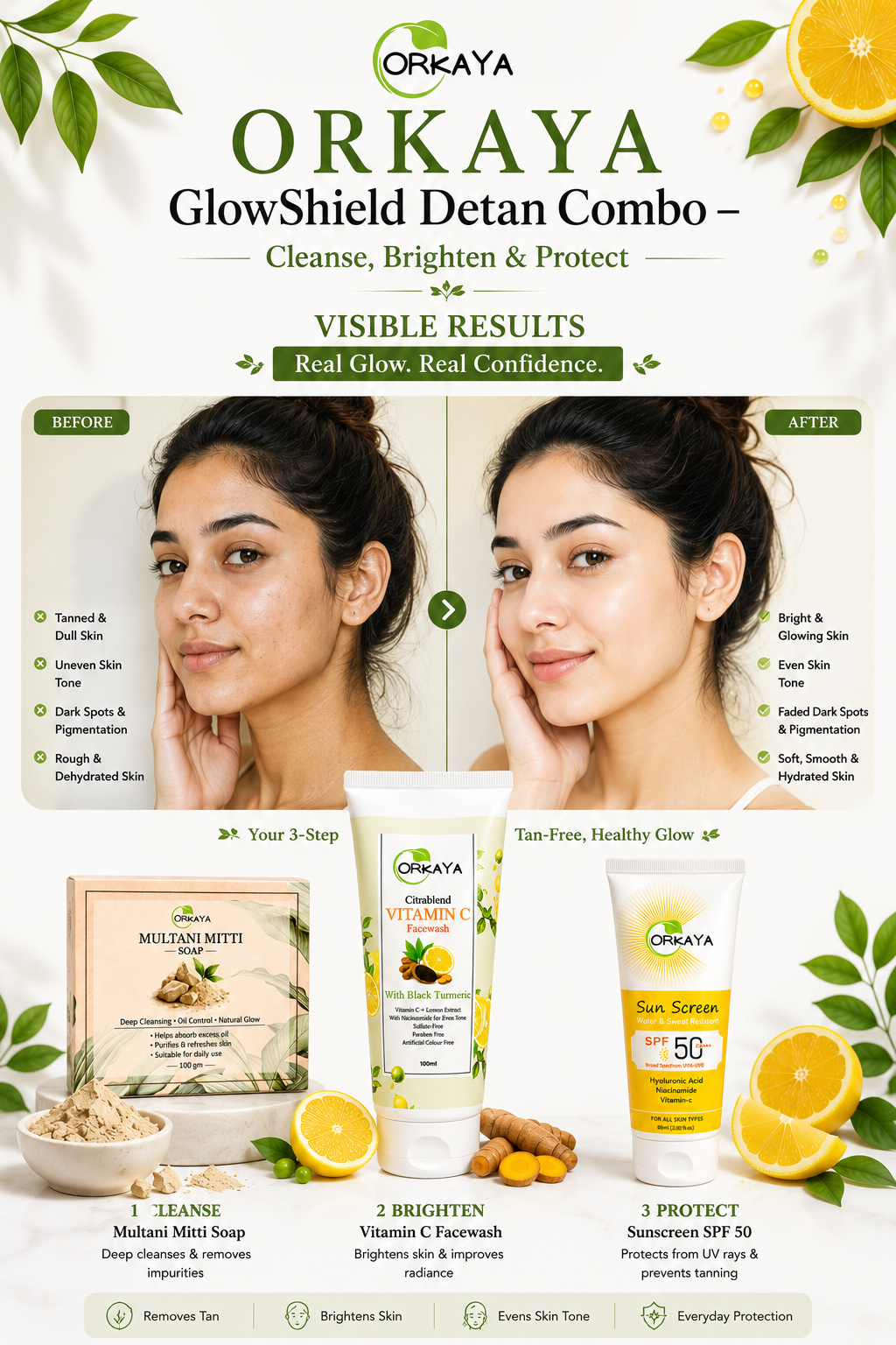 ORKAYA GlowShield Detan Combo – Cleanse, Brighten & Protect